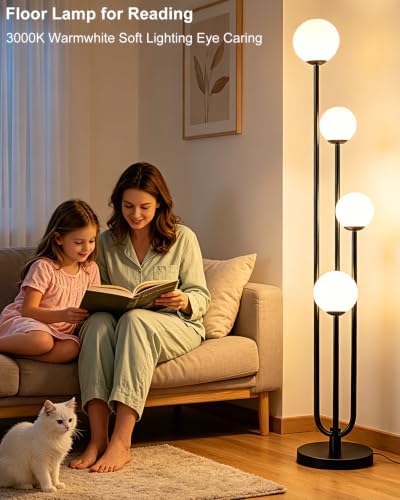 63IN 4-Light Dimmable Floor Lamp, Unique Black Tall Standing Lamps with Globe...