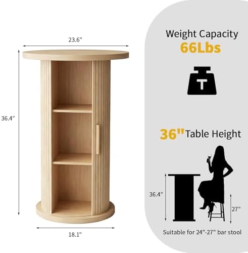 Round Bar Table with 3-Tier Hidden Storage Shelves Slide Door, 36.4''...