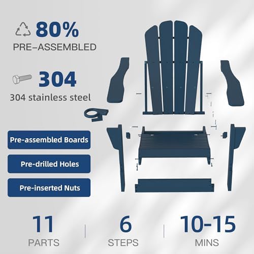 Domi Outdoor Adirondack Chair Set of 2 with Cup Holder, HDPE, Navy Blue