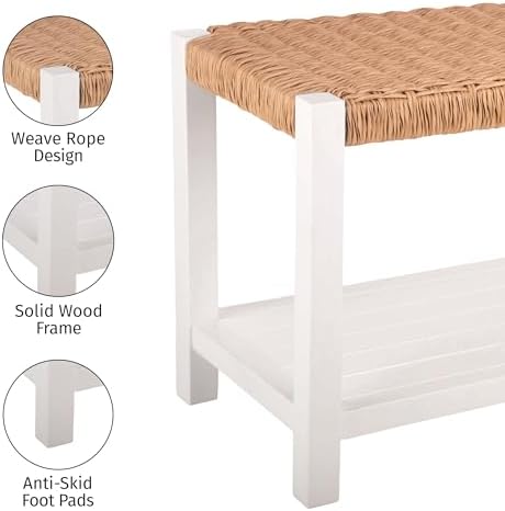 Alaterre Furniture Newport 40” Shoe Storage Bench with Woven Seat, White