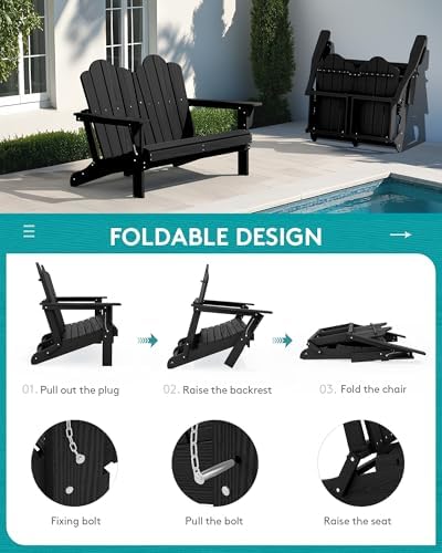 SERWALL Folding Adirondack Bench, HDPE Outdoor Bench, 660lbs Cap, Black