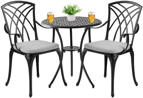 3 Piece Patio Bistro Set with Cushions, Outdoor Bistro Table and Chairs Set o...