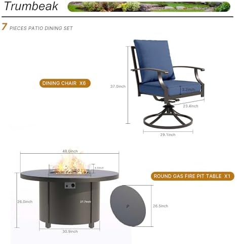 7 Piece Metal Outdoor Patio Furniture Set with 48"/55000 BTU Round Fire ...