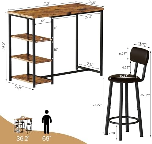 Recaceik Pub Dining Table Set for 2, Table and Bar Stools with 3 Storage Shel...