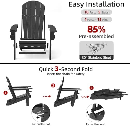 Folding Adirondack Chair, 25 Year Fade Proof Outdoor Patio Chairs