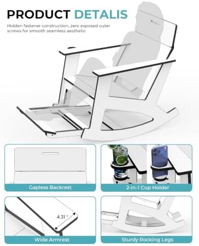 Ciokea Outdoor Rocking Chair with Pull-Out Footrest, Solid Backrest, White