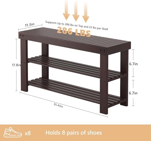NEWBULIG Shoe Rack Bench, 3-Tier Bamboo Shoe Organizer, Wooden Entryway Stora...