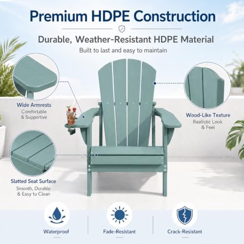Folding Adirondack Chair with Cup Holder and Phone Holder, Heavy Duty HDPE Pl...