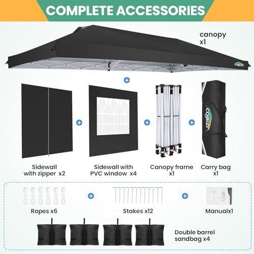 COBIZI 10x20 Pop Up Canopy Tent with One Push, 6 Removable Sidewalls
