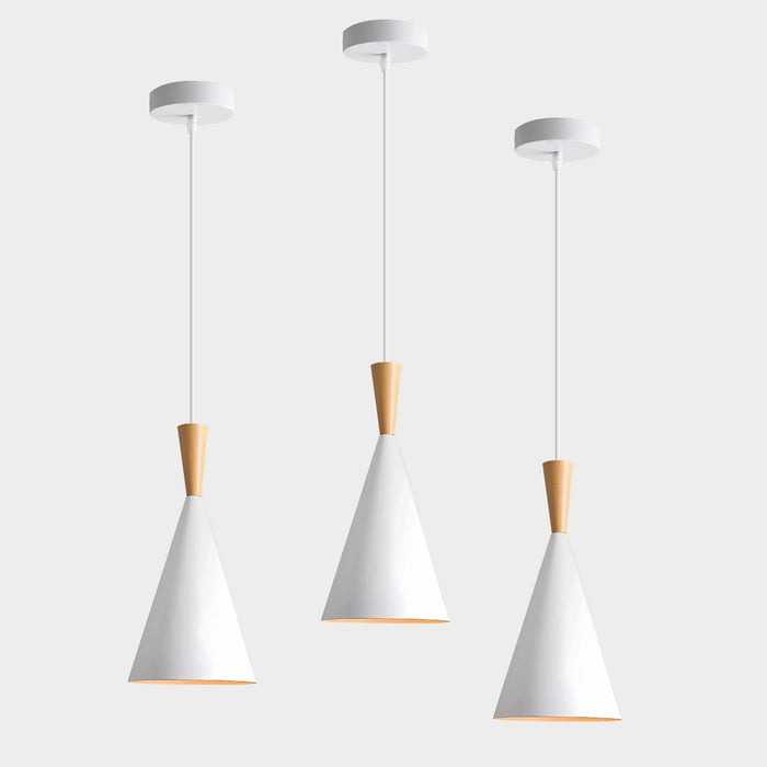 KCO 3 Pack Farmhouse White Conical Metal Pendant Lights with Natural Wood