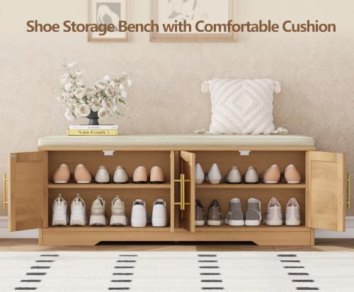 Rattan Shoe Storage Bench, 47.2" Wide Entryway Bench, Natural Oak