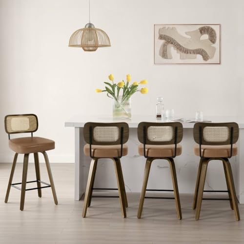 Bekrvio Swivel Bar Stools Set of 4, Upholstered Faux Leather Barstools with R...