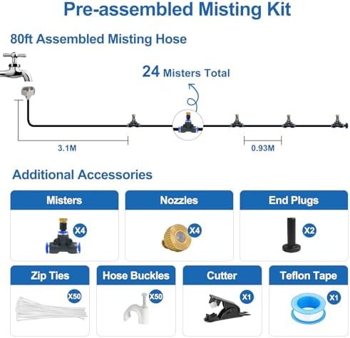 Pre-Assembled Misters for Outside Patio,Outdoor Misting System,80FT|24M.