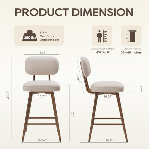 MALOL 26“ Mid Century Leather Swivel Bar Stools Set of 2, Beige