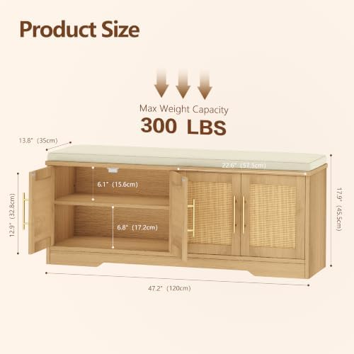 Rattan Shoe Storage Bench, 47.2" Wide Entryway Bench, Natural Oak