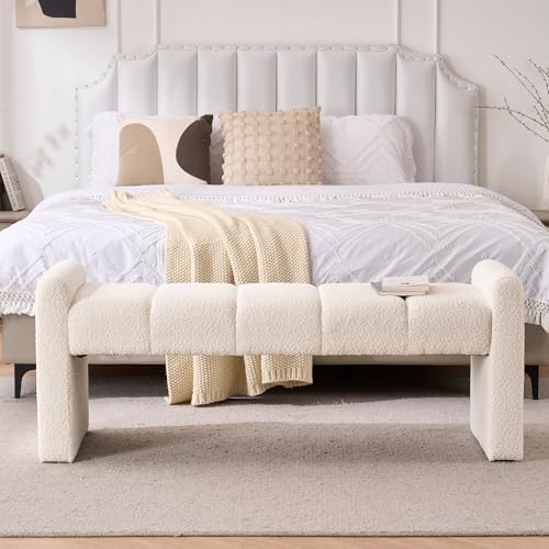 54" Boucle Bench for Bedroom Window End of Bed, Ivory White