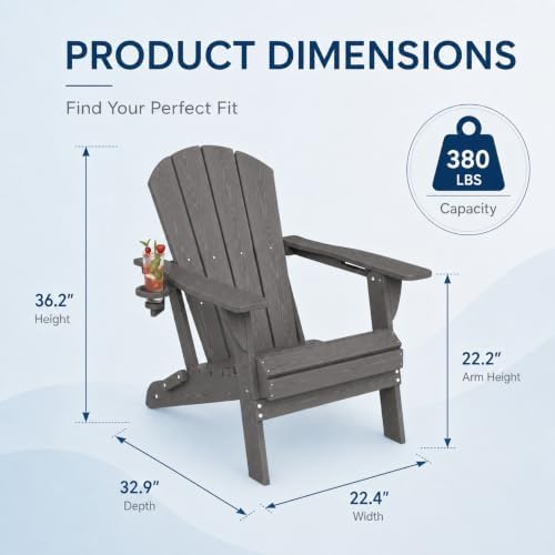 Folding Adirondack Chair with Cup Holder and Phone Holder, Heavy Duty HDPE Pl...