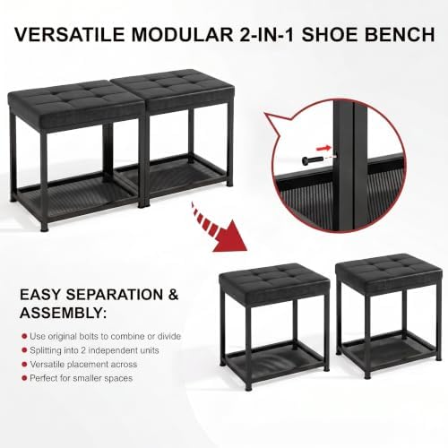 DreamDashio Set of 2 Small Shoe Storage Benches with PU Leather Cushion, 3-Ti...