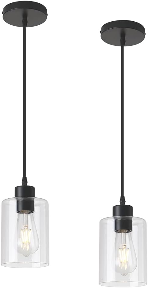 Modern Black Farmhouse Clear Glass Cylinder Pendant Light Fixture,Island Ligh...