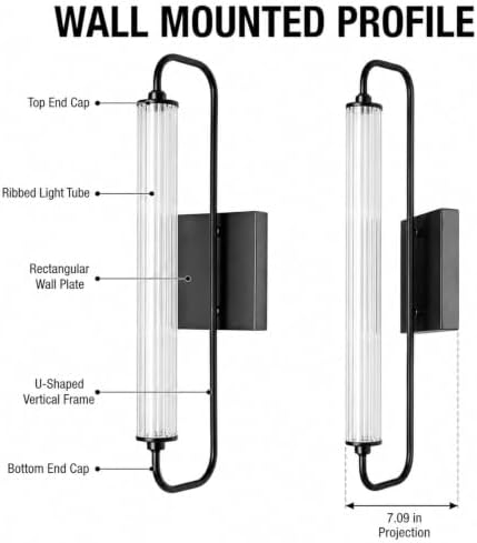 LIGHTLAND Black Wall Sconce, 20.7 Inch Modern Metal and Acrylic Wall Light Fi...