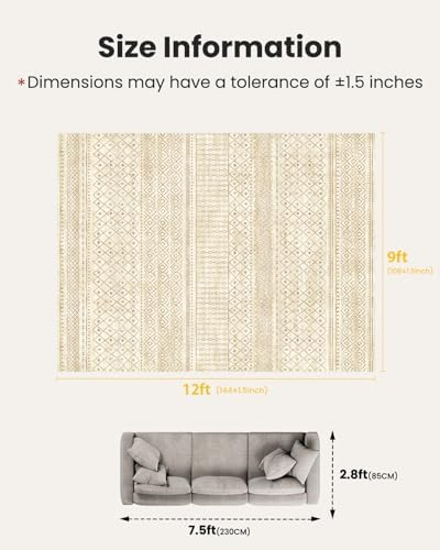 Amada Homefurnishing 9x12 Washable Area Rugs, Beige Boho Geometric Low-Pile R...