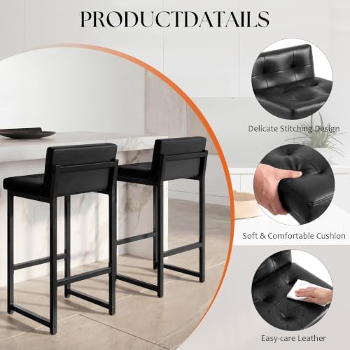 Bar Stools Set of 2, Counter Height Bar Stools Sets with Back, Faux Leather B...