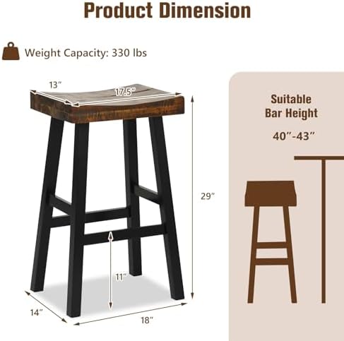 ERGOMASTER Wooden Backless Saddle Barstools Set of 2, 29-inch Bar Height Rust...