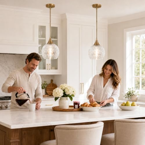 DSMJFU Gold Vintage Glass Pendant Lights for Kitchen Island, Sink Set of 2
