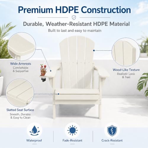 Folding Adirondack Chairs Set of 2 with Cup Holder, Heavy Duty HDPE Plastic O...