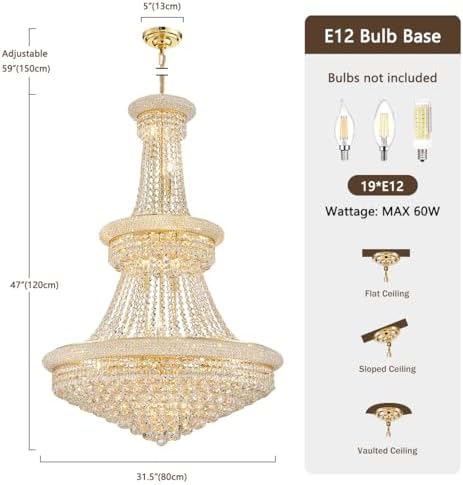 19-Lights High Ceiling Chandelier Modern Gold Crystal Chandeliers Large Foyer...