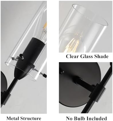 Modern Wall Sconces Set of Two, Black Wall Sconce with Clear Glass Shade, Har...