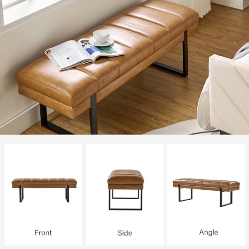 HULALA HOME 53" Faux Leather Tufted Entryway Bench, Camel