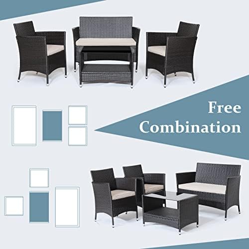 Tangkula 4 Pieces Patio Furniture Set, Patiojoy Outdoor PE Wicker Conversatio...