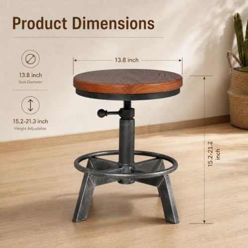 Set of 2-Industrial Bar Stool-Counter Height Chairs- Swivel Wooden Seat- Adju...
