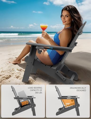 Folding Adirondack Chair, Wooden Textured Plastic Adirondack Chairs with 2 Cu...