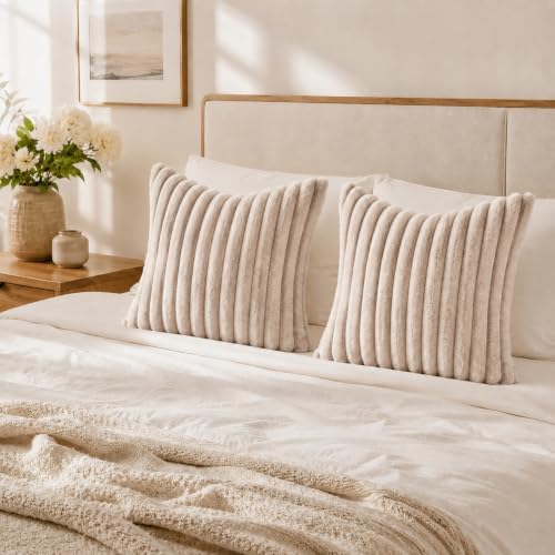 Simmore Faux Fur Striped Tan Throw Pillow Covers 26x26 Set of 2