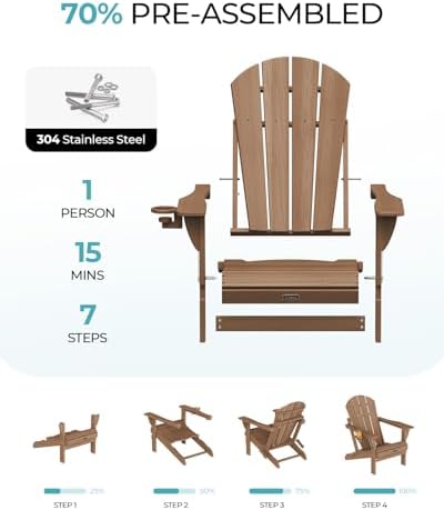 Ciokea Folding Adirondack Chairs Set of 2 with Cup Holder, HDPE, Teak