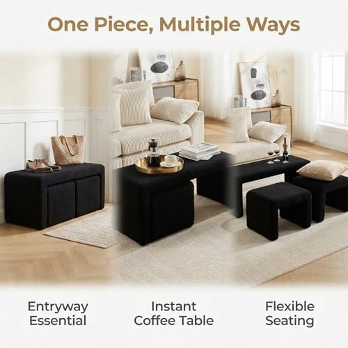LukeAlon 3-Piece Nesting Ottoman Bench Set, 40.5" Wide Upholstered End o...