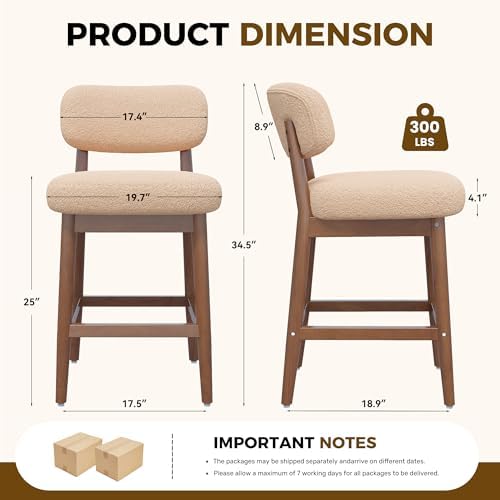 Solid Wood Counter Height Bar Stools Set of 2, Fluffy Boucle Bar Chairs with ...