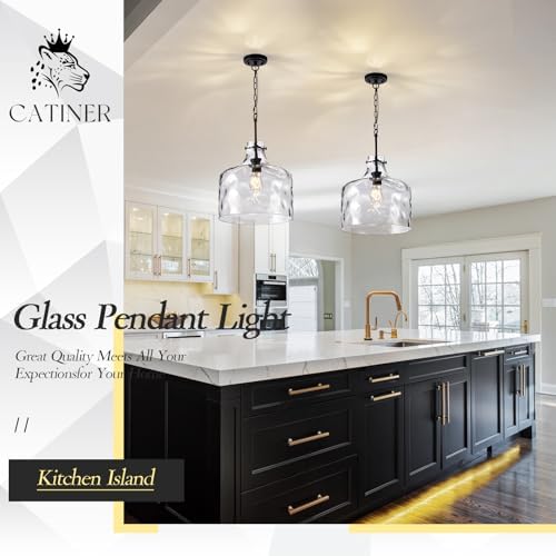 CATINER 16" Farmhouse Hammered Glass Pendant Light, Black Hanging Light