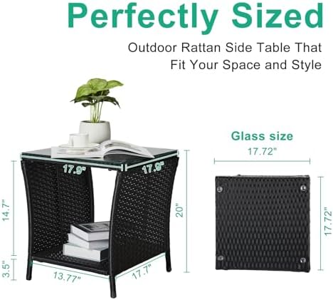 Wicker Rattan Side Table, Outdoor Square Rattan Coffee End Table with Tempere...