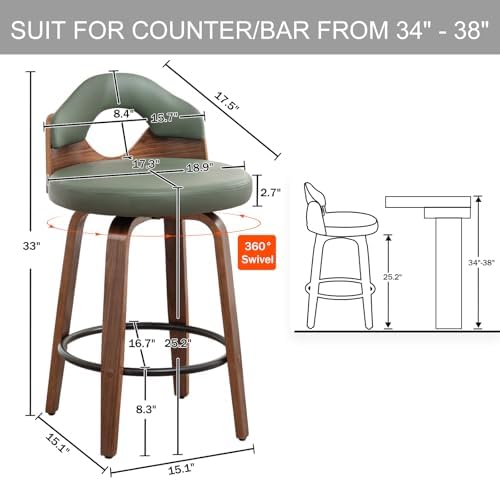 25.2" Swivel Bar Stools Set of 2,Mid Century Modern Faux Leather Barstoo...