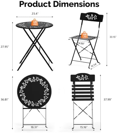VINGLI Outdoor Folding Bistro Table and Chairs Set of 2, 3-Piece Bistro Set w...