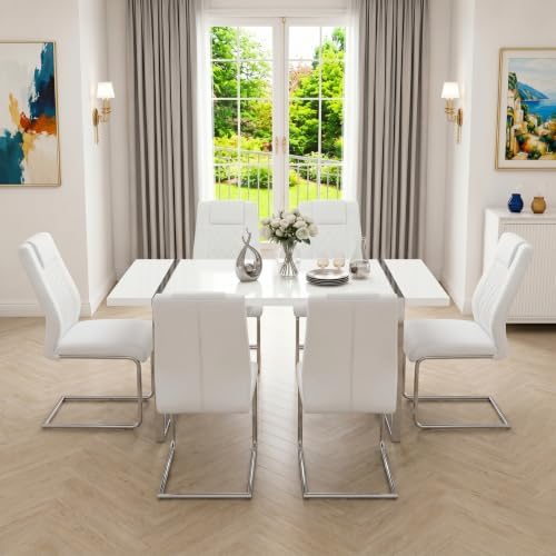 55‘’ White Dining Table Set for 6, Dining Tabletop and Silver Metal Frame, Re...