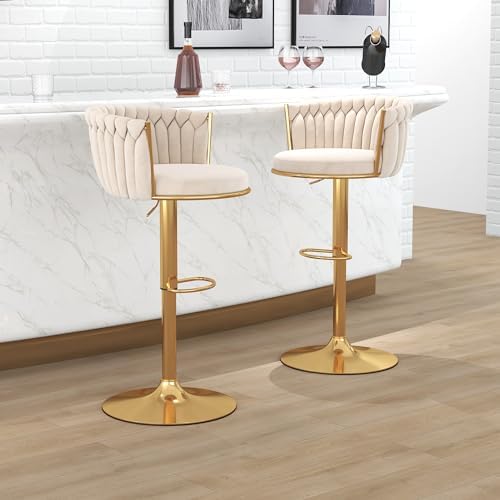 ABET Beige Gold Bar Stool Set of 2, Adjustable Height with Woven Backrest