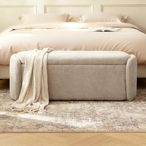 VKNOW Storage Bench, Upholstered Storage Ottoman Bench with Hinge, Khaki