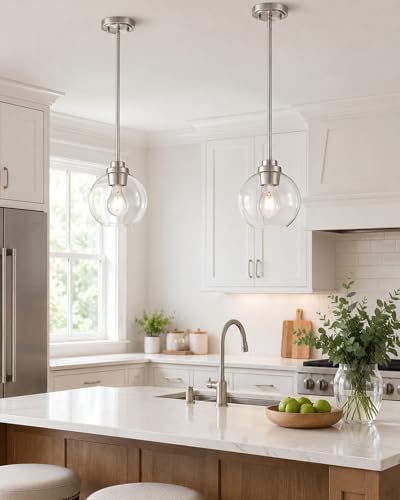 Pendant Lights Kitchen Island 2 Pack, 7" Modern Brushed Nickel Hanging L...