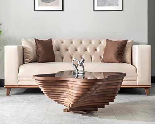 Papella Design Modern Coffee Table – Natural Walnut Veneer, Tempered Glass To...