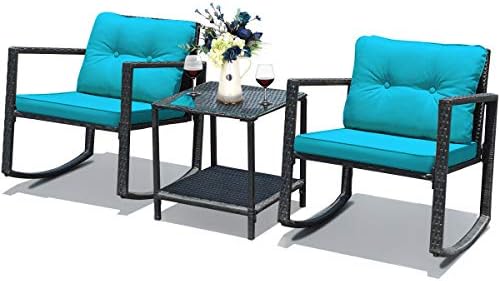 Tangkula 3 Pieces Patio Wicker Rocking Bistro Set, Outdoor Rocking Chair Furn...