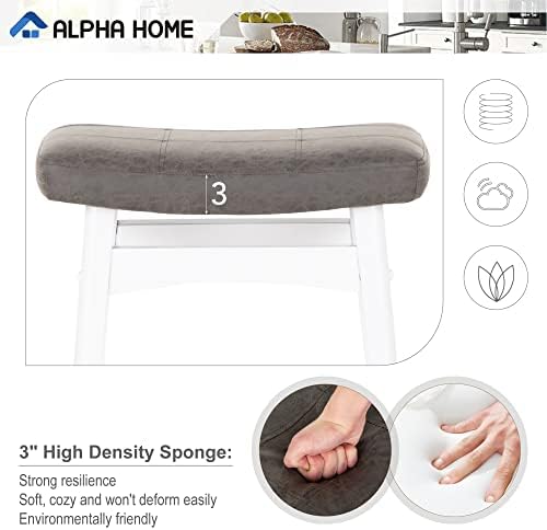 ALPHA HOME 24 Inch Bar Stools Set of 4, Solid Wood Saddle Kitchen Stools